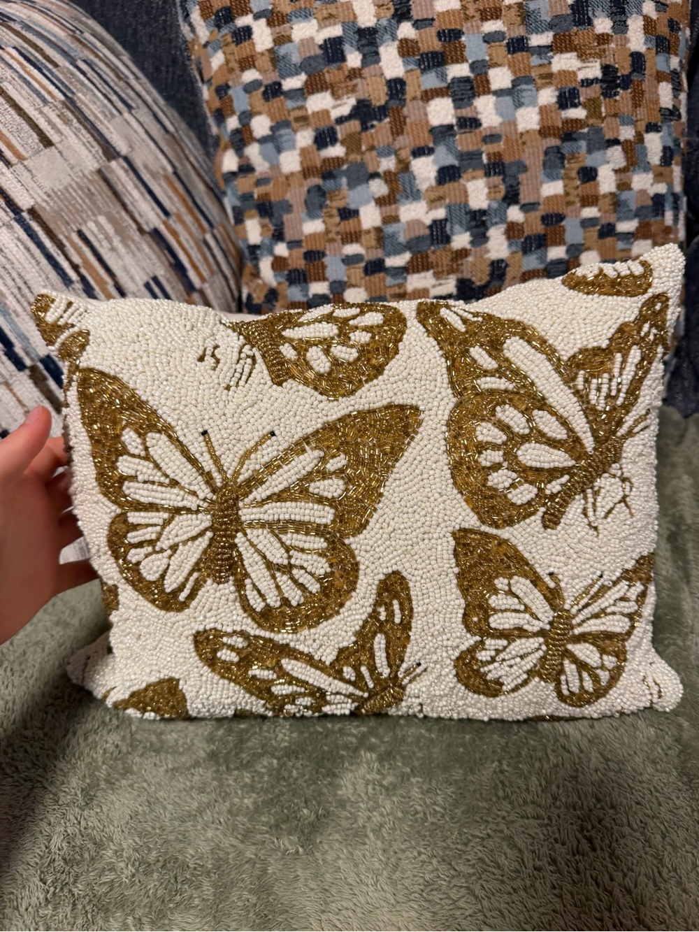 Beaded Butterfly Accent Pillow in Cream and Gold - Decorative Throw